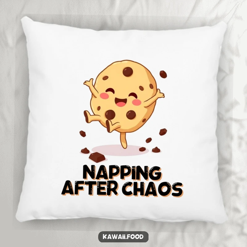 Funny Cookie Cartwheel Pillow cushion featuring a giggling cookie character doing a cartwheel with chips scattering, a comfy and humorous accent.