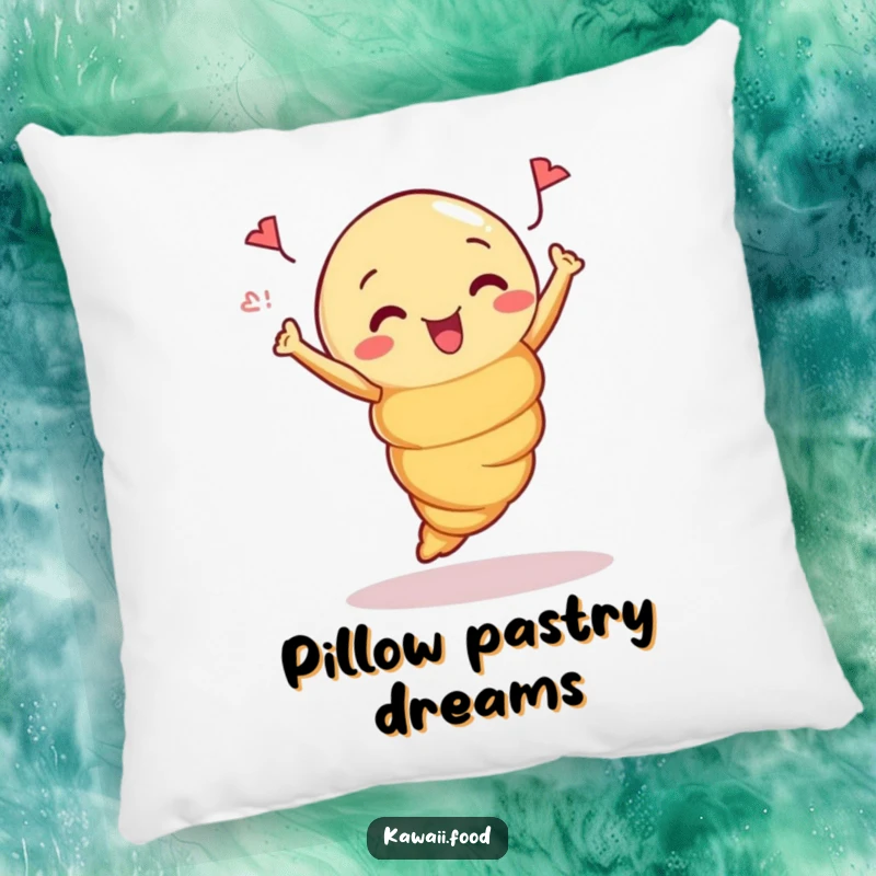Funny Pillow: Soft cushion featuring a curious croissant in a celebratory jump, combining comfort and charm.