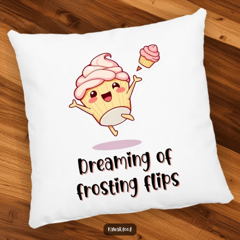 Funny pillow showcasing a playful cupcake character doing a cartwheel with frosting flying, designed for comfort and a splash of humor.