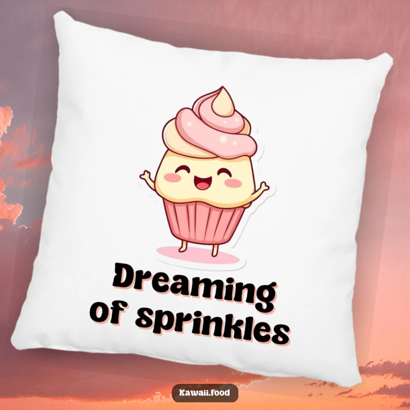 Funny decorative pillow with a 'bouncing cupcake' character, featuring colorful frosting hair wiggling playfully. Adds comfort and joy.