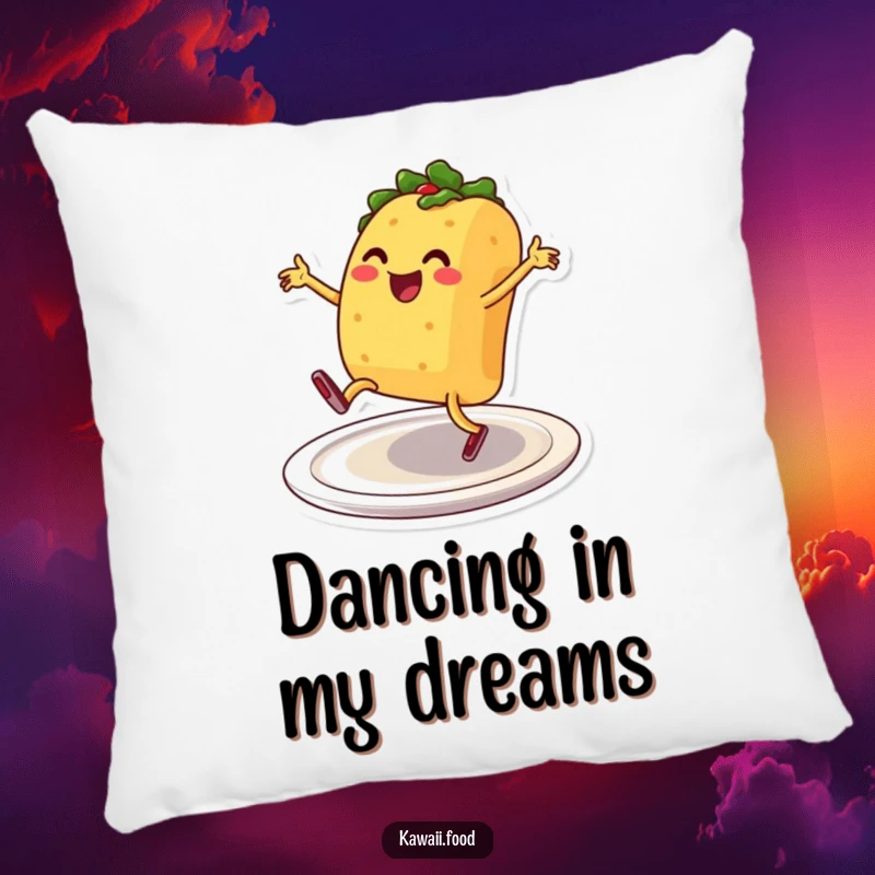 Soft, funny smiling taco character breakdancing on a plate, on a plush pillow, designed for festive and humorous decor.