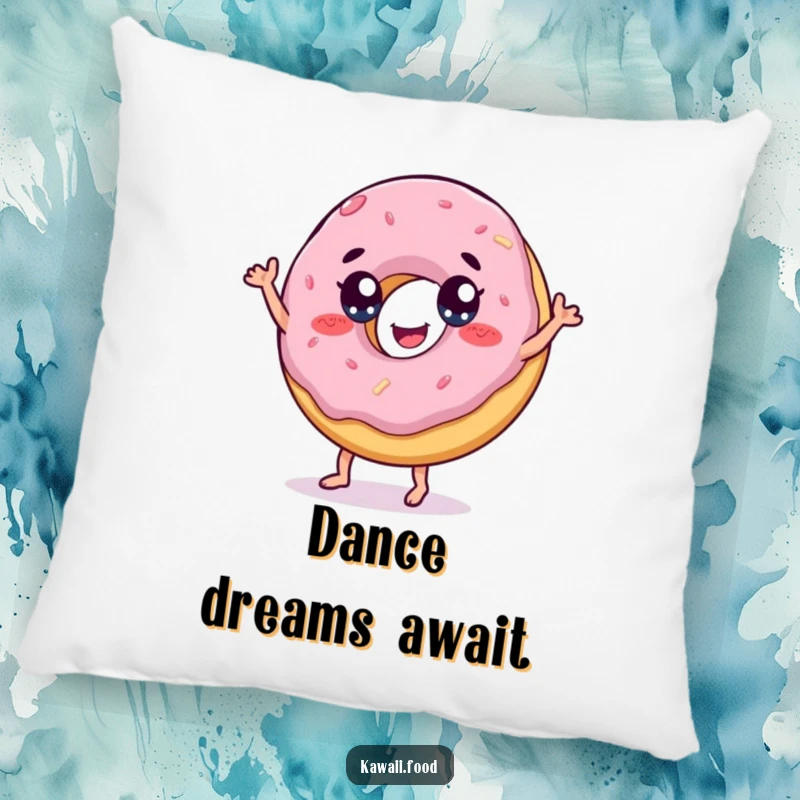Funny pillow depicting a cheerful donut with eyes doing a playful dance, offering comfort and sweet charm.