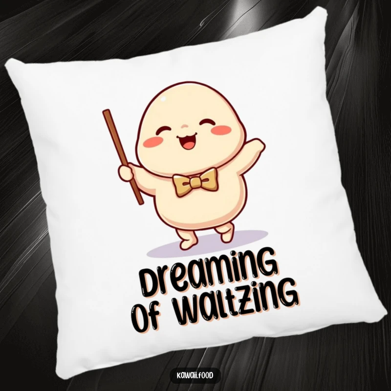 Funny happy dumpling character wearing a bow tie, waltzing with a chopstick, offering comfort and humor on this pillow.