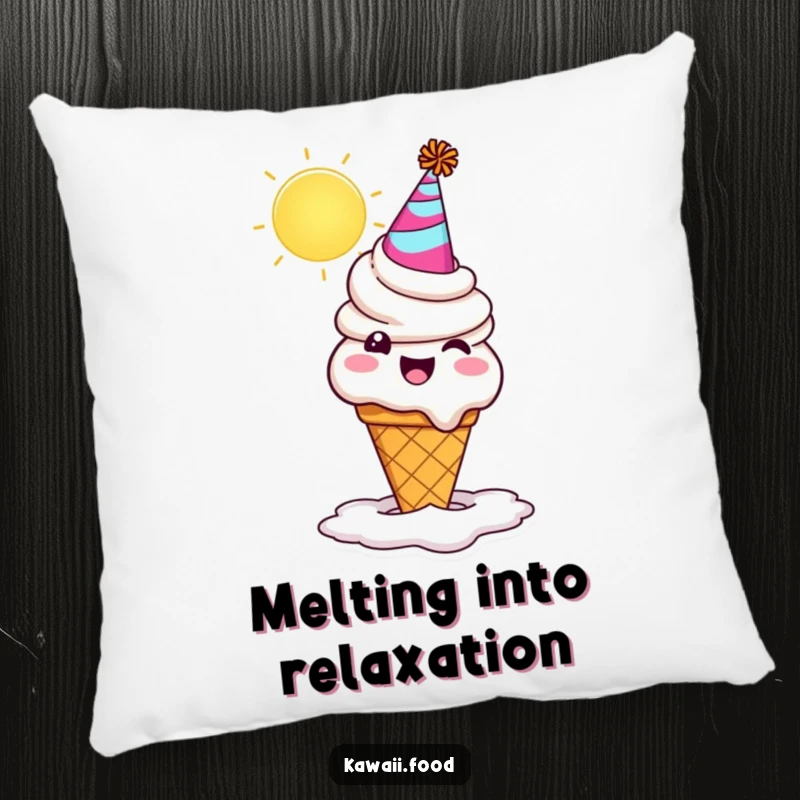 Funny ice cream cone character with a party hat, melting comically under the sun. A soft and funny pillow for cheerful comfort.
