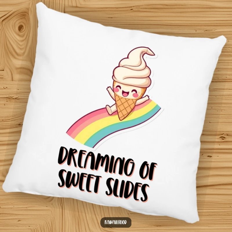 Funny Ice Cream Cone Pillow cushion featuring a happy ice cream character gleefully sliding down a rainbow, a comfy and cute accent.