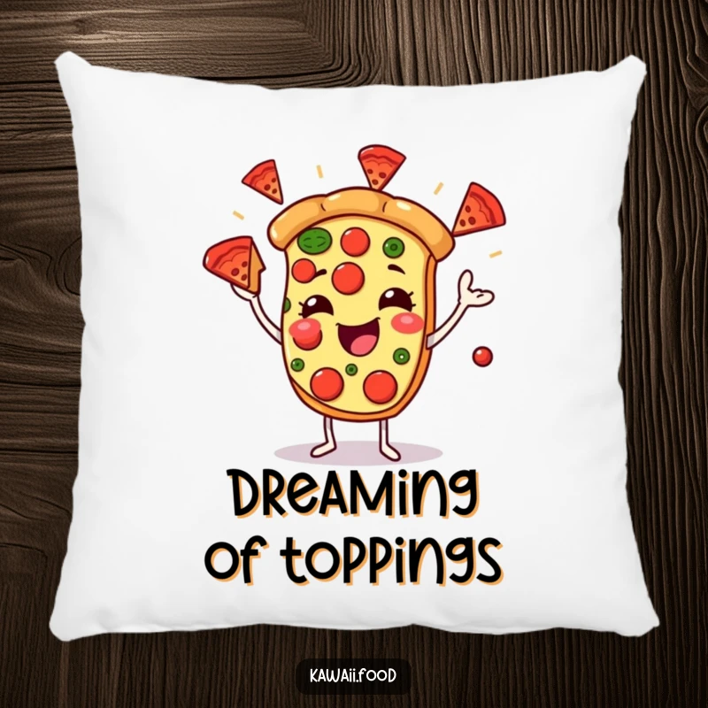 Funny pillow with a joyful pizza character juggling pepperoni slices, perfect for adding comforting food humor and personality to any cozy spot.