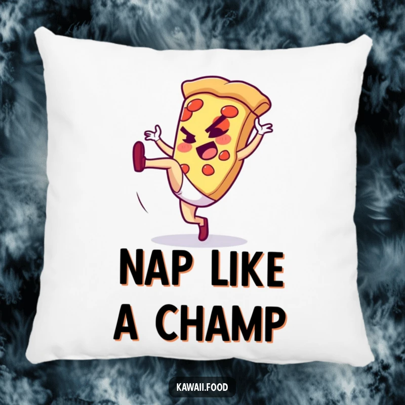 Funny pillow depicting a pizza slice character doing a high kick, offering comfort with a dynamic and humorous design.