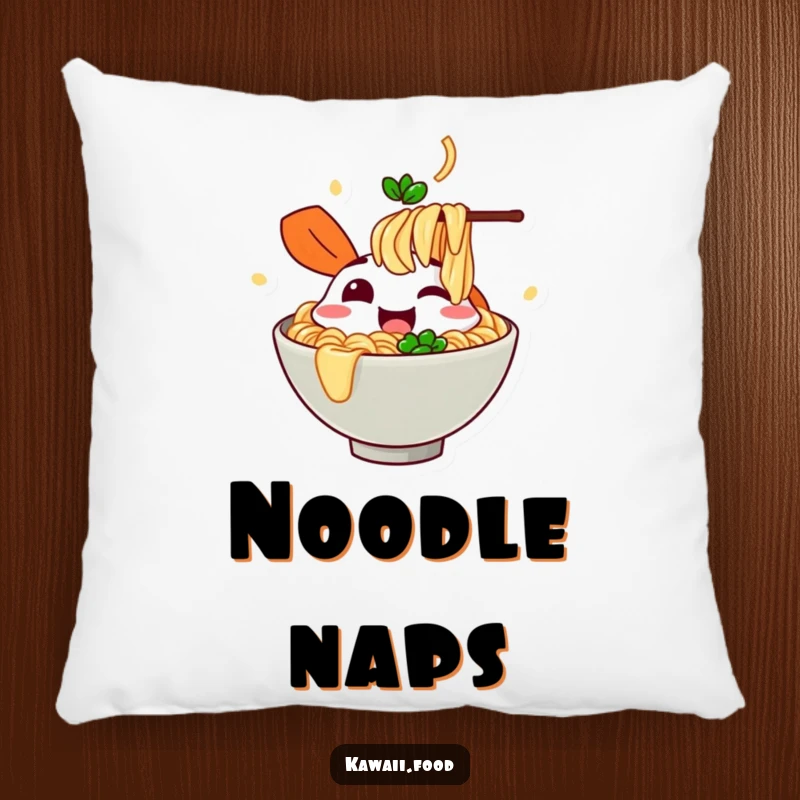 Funny cheerful ramen bowl character slurping imaginary noodles on a soft pillow, providing comfort and a humorous, satisfying touch.