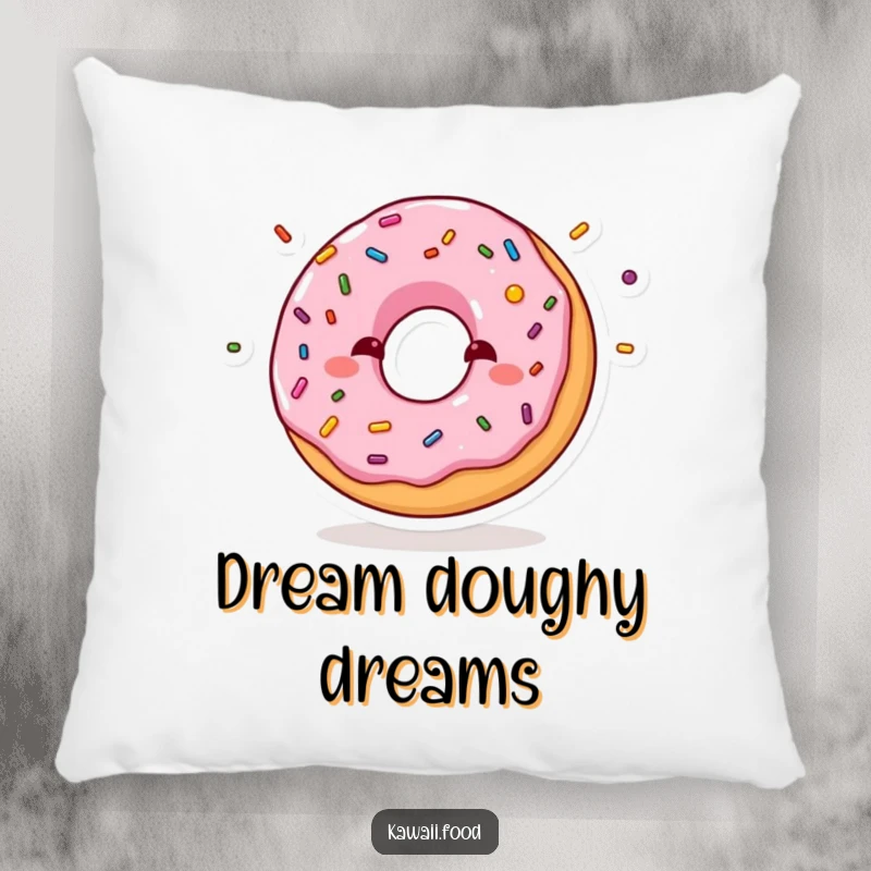 Funny pillow depicting a shy donut blushing while juggling mini sprinkles, offering comfort with an adorable and humorous design.