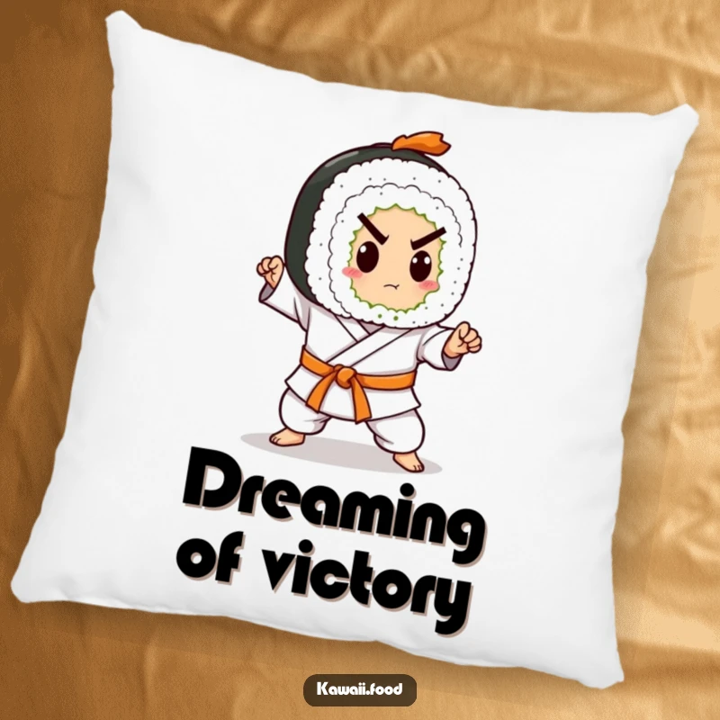 Funny decorative pillow featuring a sushi roll character in a karate belt, performing a fierce chop. Soft and humorous.