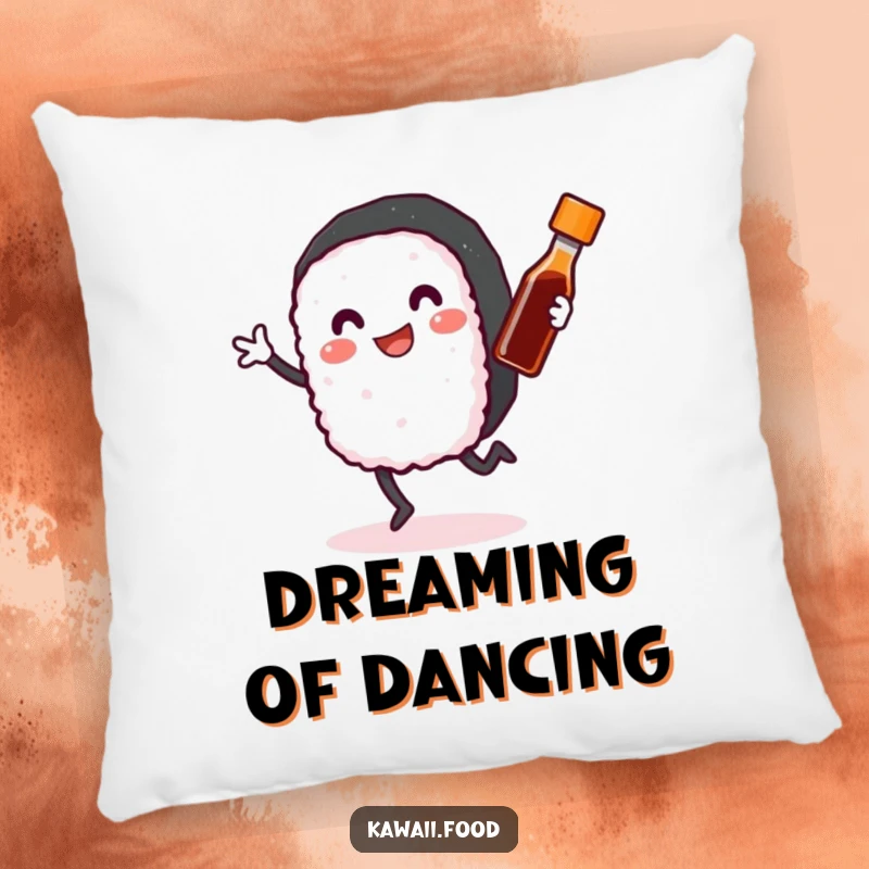 Funny Sushi Roll Pillow: A smiling sushi roll with arms and legs joyfully dancing with a tiny soy sauce bottle, soft and humorous home decor.