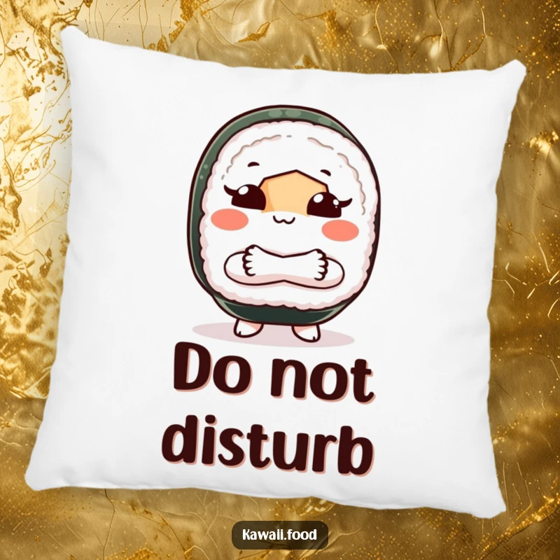Funny pillow showcasing a sushi roll character with crossed arms, playfully shooing people away, offering comfort and sassy decor.