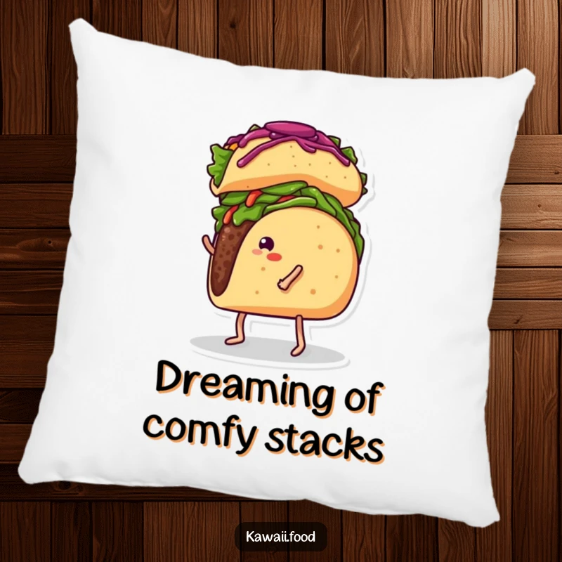 Funny pillow featuring a taco with legs comically balancing a burrito on its head, a soft and humorous accent for any room.