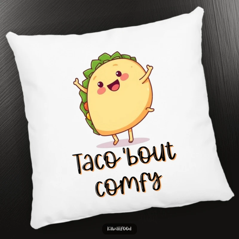 Funny pillow depicting a happy taco with legs doing a cartwheel, offering comfort and a dose of fiesta fun.