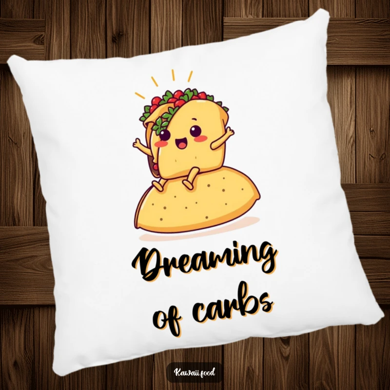 Funny pillow featuring a taco with legs riding a giant tortilla, offering comfort and a dose of hilarious food art.