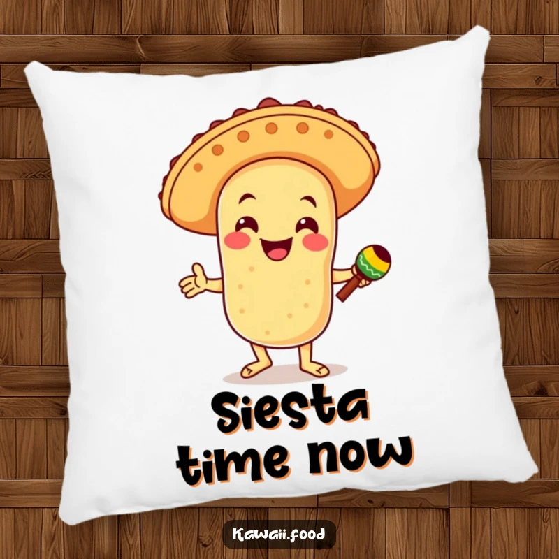 Funny pillow showcasing a smiling taco character in a sombrero, dancing with maracas, offering comfort and festive cheer.