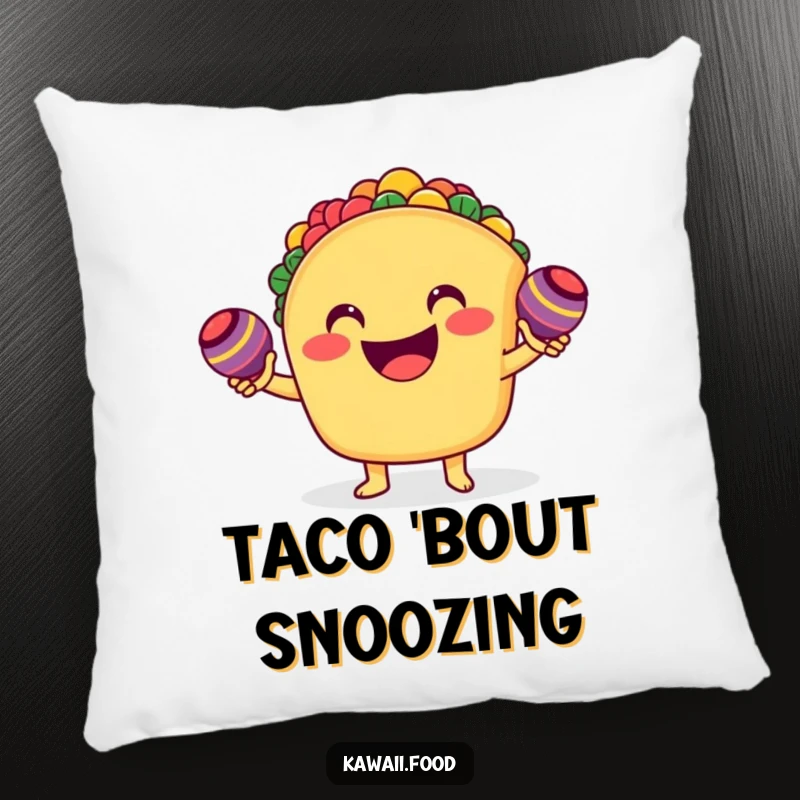 Funny smiling taco character enthusiastically shaking tiny maracas on a soft pillow, providing comfort and a humorous, festive touch.