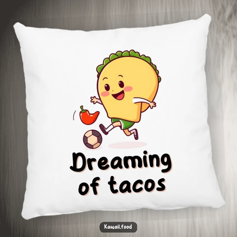 Funny pillow featuring a smiling taco gleefully kicking a tiny chili pepper soccer ball, offering comfort and a playful foodie vibe.