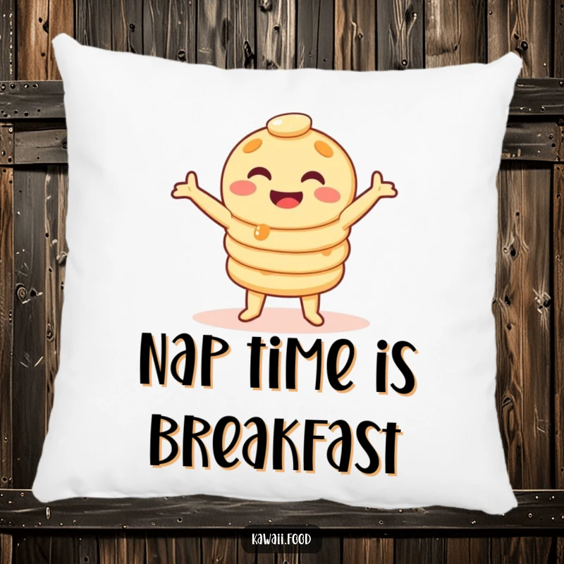 Funny pancake stack pillow in a silly wobble dance, a cozy and humorous breakfast character for your sofa, ideal funny gift.