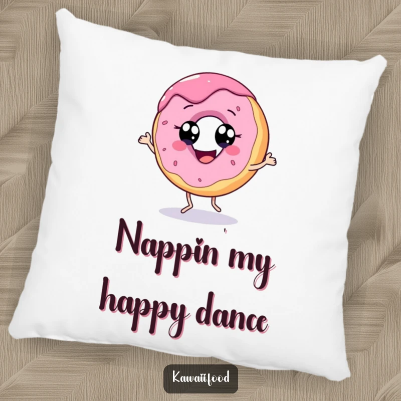 Funny pillow featuring a cheerful donut with eyes dancing happily, offering comfort and a sweet, humorous vibe.