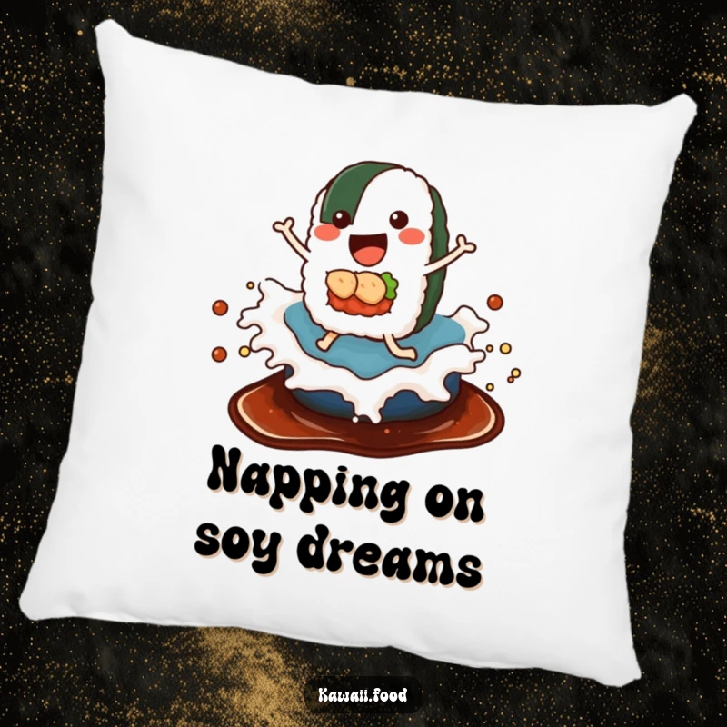Funny pillow featuring a delighted sushi roll with legs riding a wave of soy sauce, a soft and humorous accent.