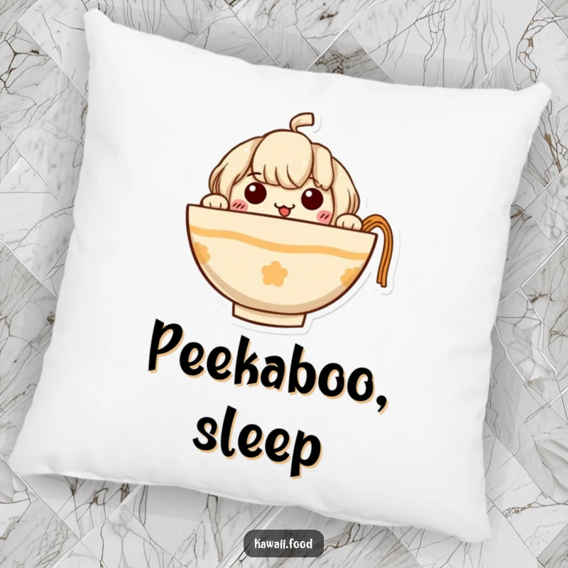 Funny Ramen Pillow showcasing a curious ramen bowl character peeking out with its tiny noodle arms, perfect for adding humor to any couch.