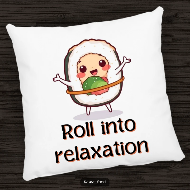Funny pillow showcasing a cheerful sushi roll spinning a tiny hula hoop, soft and full of playful charm.