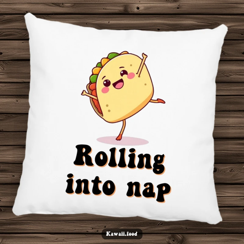 Funny pillow featuring a cheerful taco doing a cartwheel, offering both comfort and a humorous, playful aesthetic.
