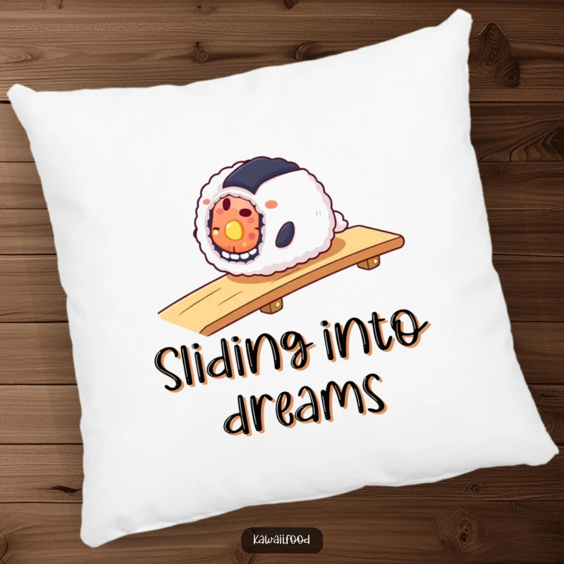 Funny pillow depicting a smiling sushi roll smoothly sliding down a ramp, offering comfort and a dose of playful ease.