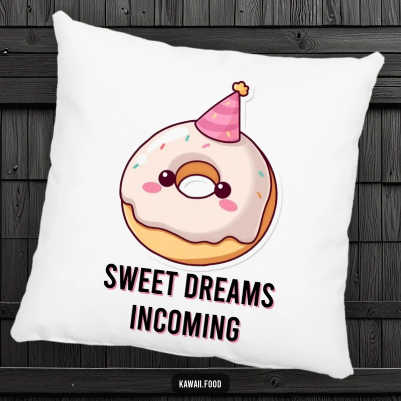 Funny donut character pillow wearing a tiny party hat, cozy and sweet comfort for relaxation, perfect funny gift.