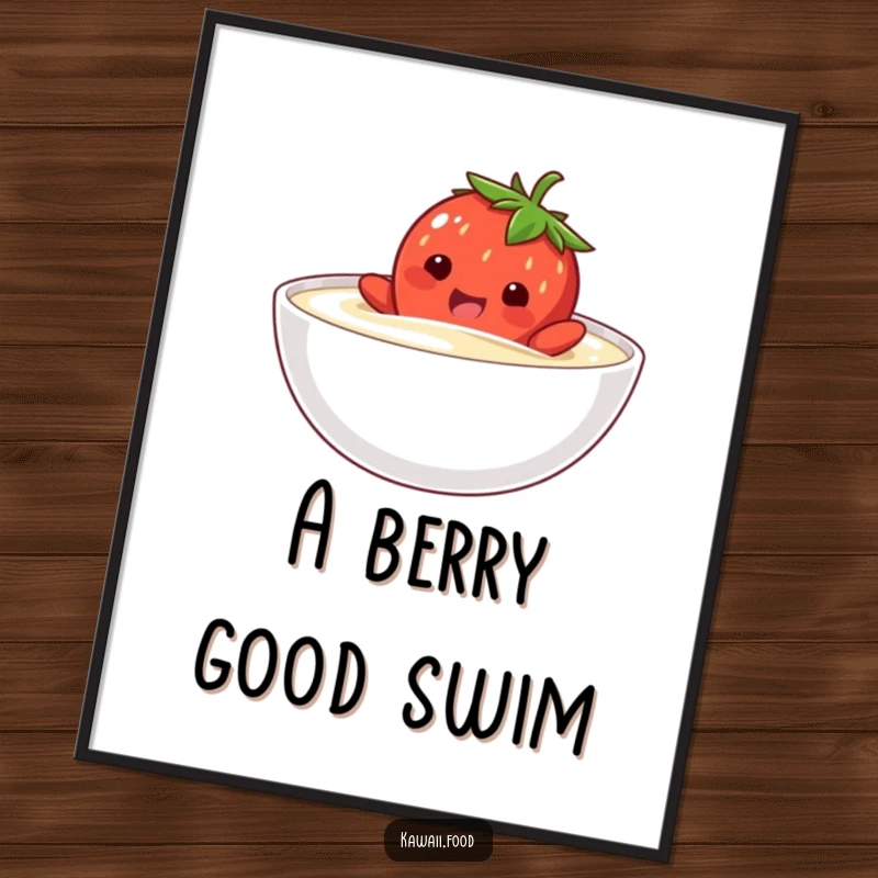 Funny digital art print of a happy strawberry character comically attempting to swim in a bowl of cream, downloadable art.