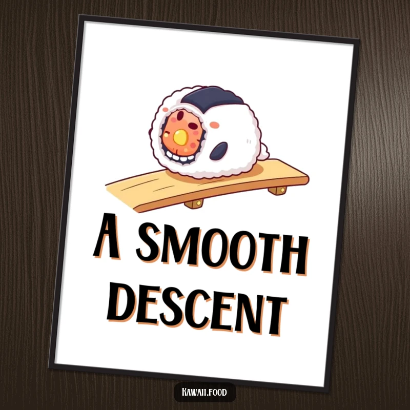 Funny digital art print of a smiling sushi roll smoothly sliding down a ramp, offering instant ease and charm.