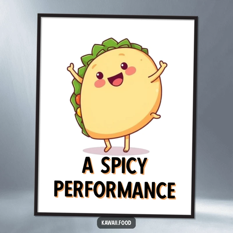 Funny digital art print of a happy taco with legs doing a cartwheel, offering instant fiesta and fun.