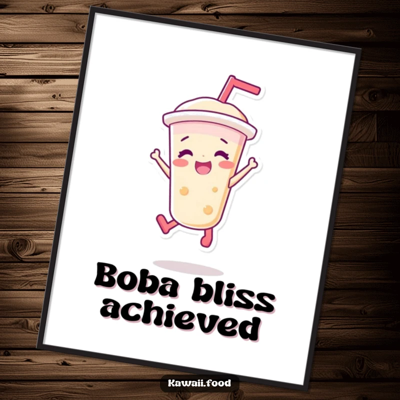 Funny digital art print of a vibrant bubble tea character in a joyful jump, ideal for adding playful energy and personality to wall decor.