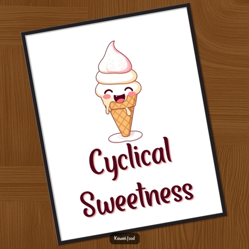 Funny digital art print of a giggling ice cream cone melting and reforming, perfect for vibrant and sweet decor.