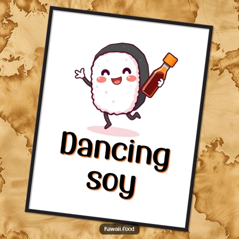 Funny Sushi Roll Digital Art Print: A smiling sushi roll with arms and legs happily dancing with a tiny soy sauce bottle, vibrant and humorous.