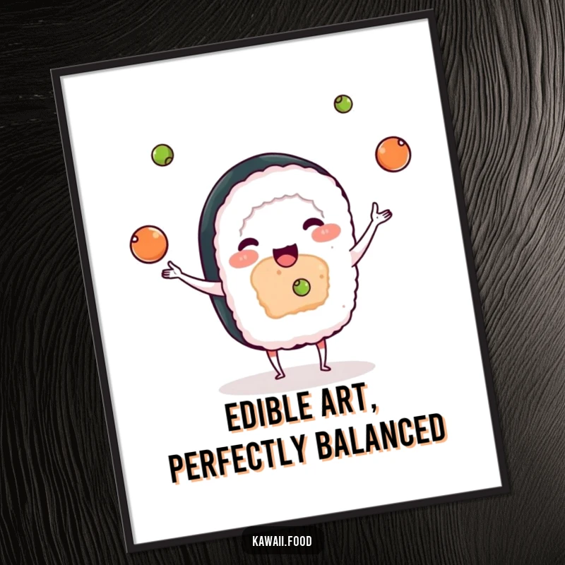 Funny digital art print of a playful sushi character skillfully juggling tiny wasabi balls, a comical and charming scene.