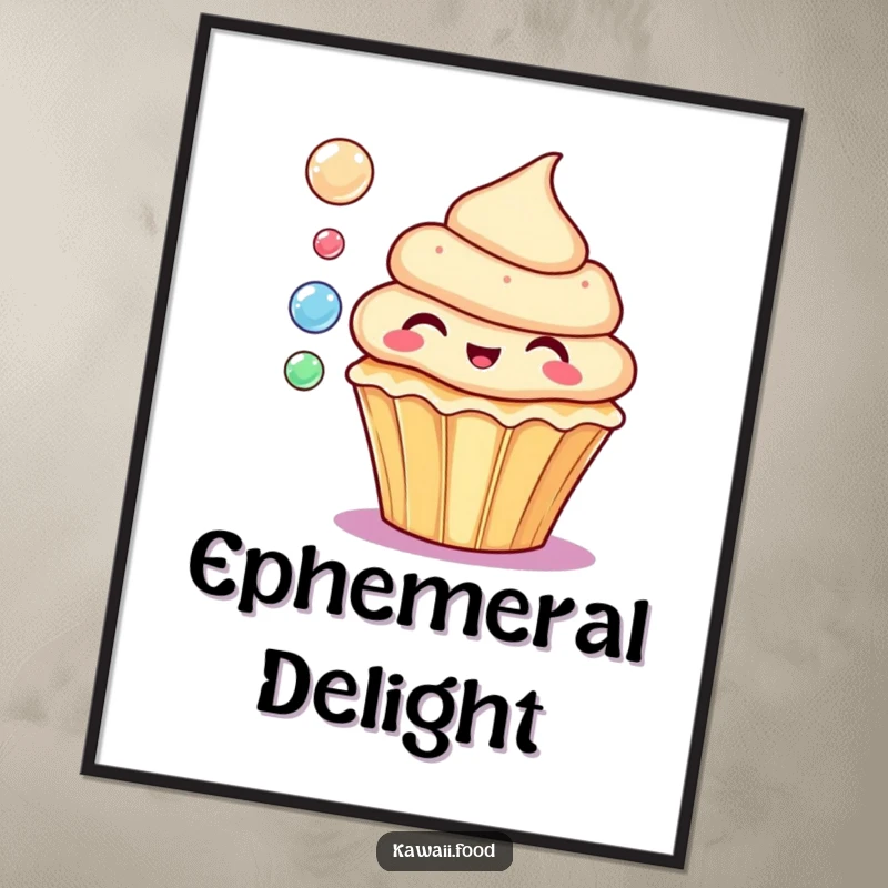 Funny digital art print of a delighted cupcake blowing colorful bubbles, perfect for vibrant and sweet decor.