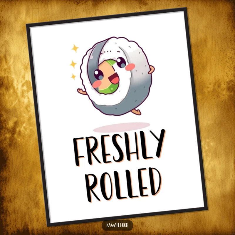 Funny sushi roll character doing a cartwheel with sparkling eyes, as downloadable digital art, bringing instant joy and humor.