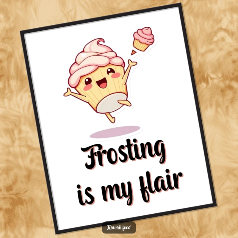 Funny digital art print of a playful cupcake character doing a cartwheel with frosting spectacularly flying, adding a burst of joy.