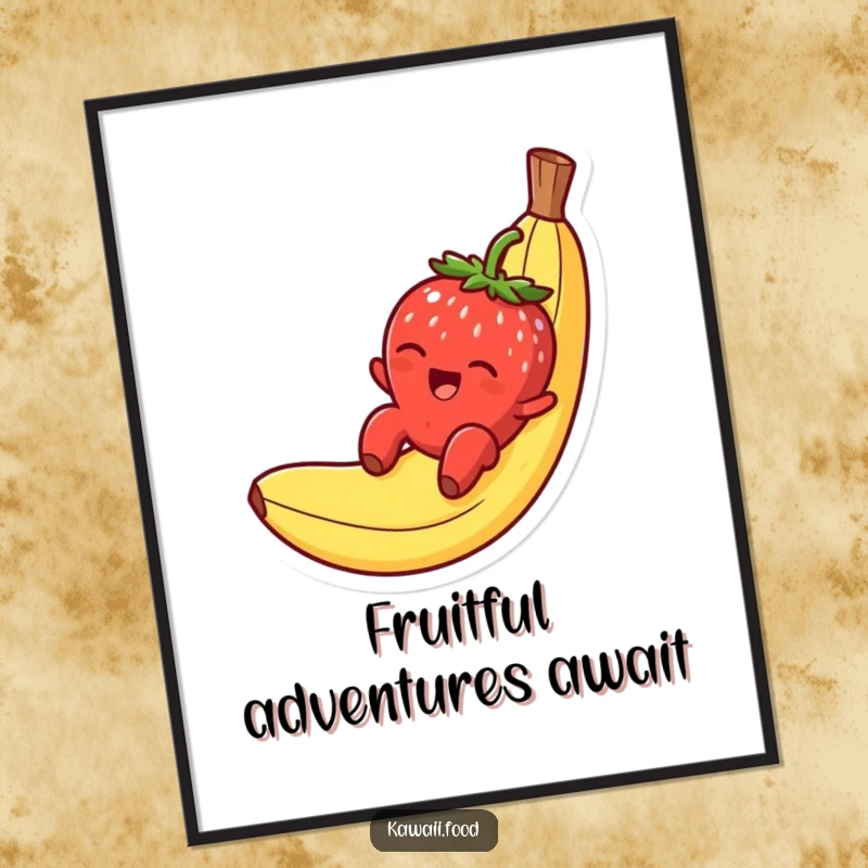 Funny digital art print of a smiling strawberry character gleefully sliding down a banana peel, instant playful decor.