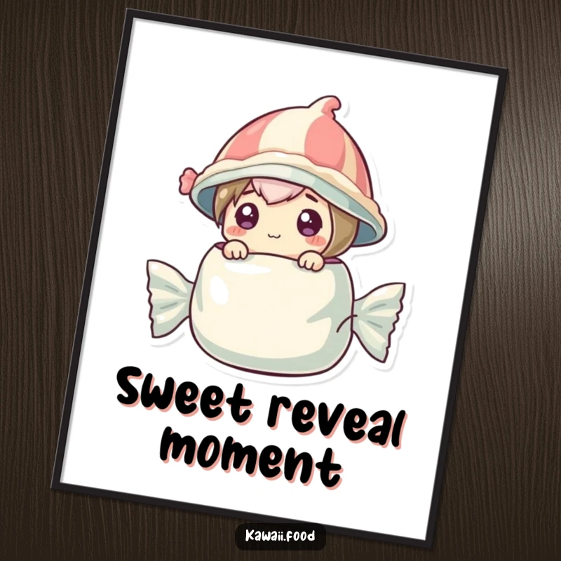 Funny digital art print of a curious candy character wearing a wrapper hat, popping out of a larger wrapper.