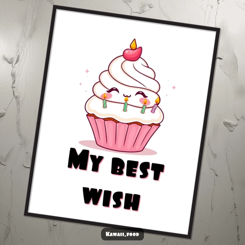 Funny Digital Art print of a cheerful cupcake character joyfully blowing out tiny birthday candles, perfect for instant festive decoration.