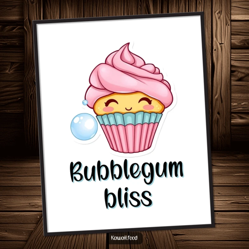 Funny digital art print of a cupcake character with frosting hair, blowing a bubble, creating a whimsical and sweet atmosphere.