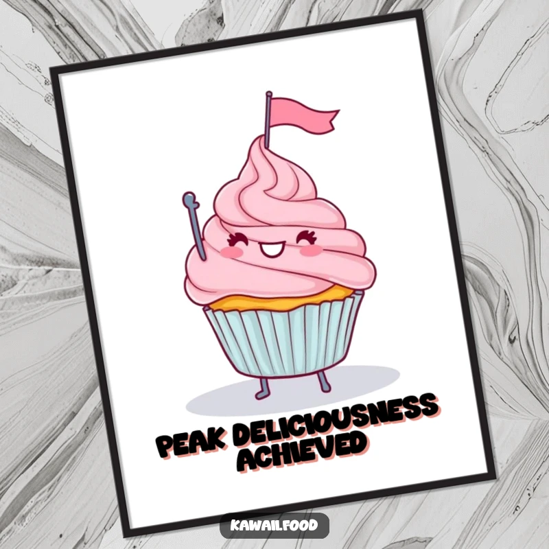 Funny digital art of a happy cupcake with legs waving a tiny flag from a frosting mountain, a humorous illustration ready for download.