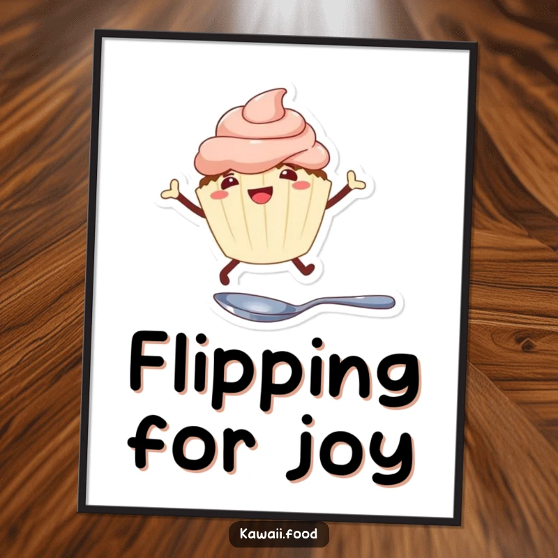 Funny cheerful cupcake with legs leaping over a tiny spoon as digital art, ready to print for sweet and humorous decor.