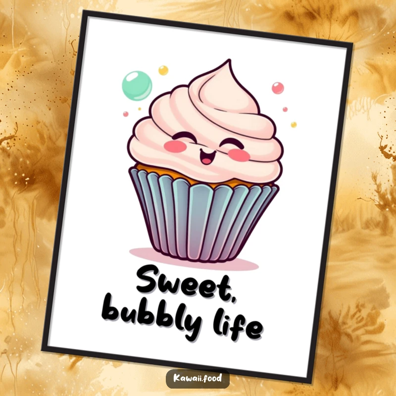 Funny cupcake digital art, delighted character blowing colorful bubbles, a cheerful and humorous illustration for instant decor.
