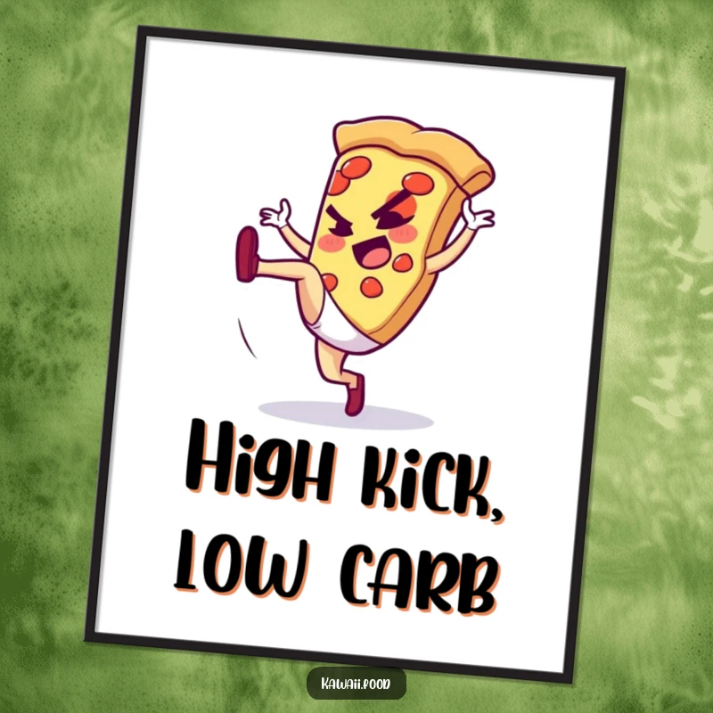 Funny digital art print of a pizza slice character performing a high kick, perfect for instant download and adding dynamic humor.