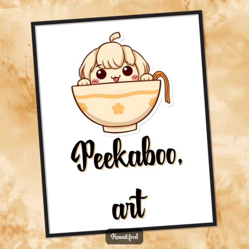 Funny Ramen Digital Art Print of a curious ramen bowl character peeking out with tiny noodle arms, vibrant and amusing wall art.