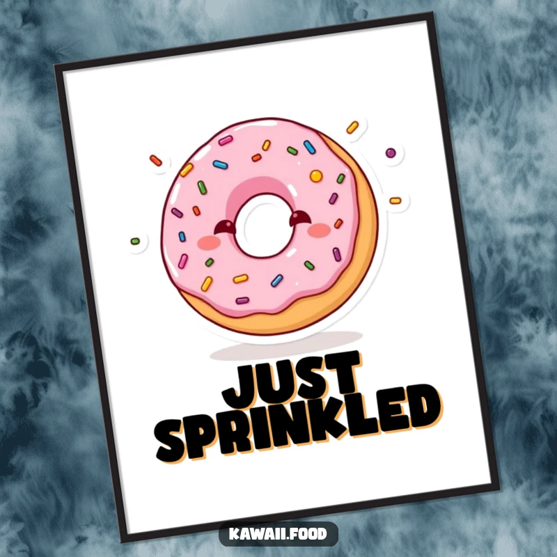 Funny digital art print of a shy donut blushing while juggling mini sprinkles, perfect for instant download and adding sweet, humorous charm.